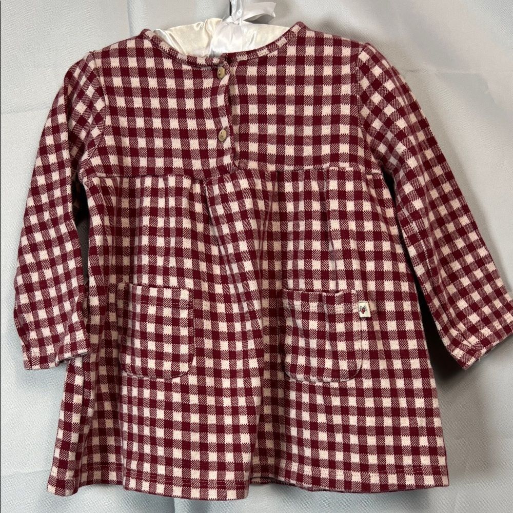 Zara Burgundy and white gingham cotton flannel plaid long sleeve dress size 2-3